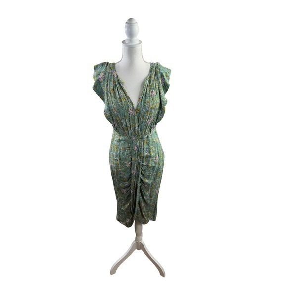 Anthropologie Women's Maeve Blossom Ruffled Mini Dress Sage Floral Draped Sz 12 - Picture 5 of 12